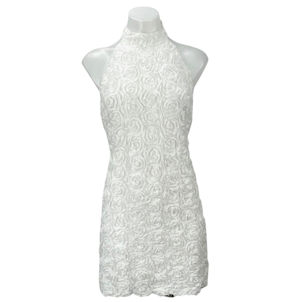 12th Tribe White Halter Sleeveless 3D Rose Floral Bridal Backless Mini Dress XL